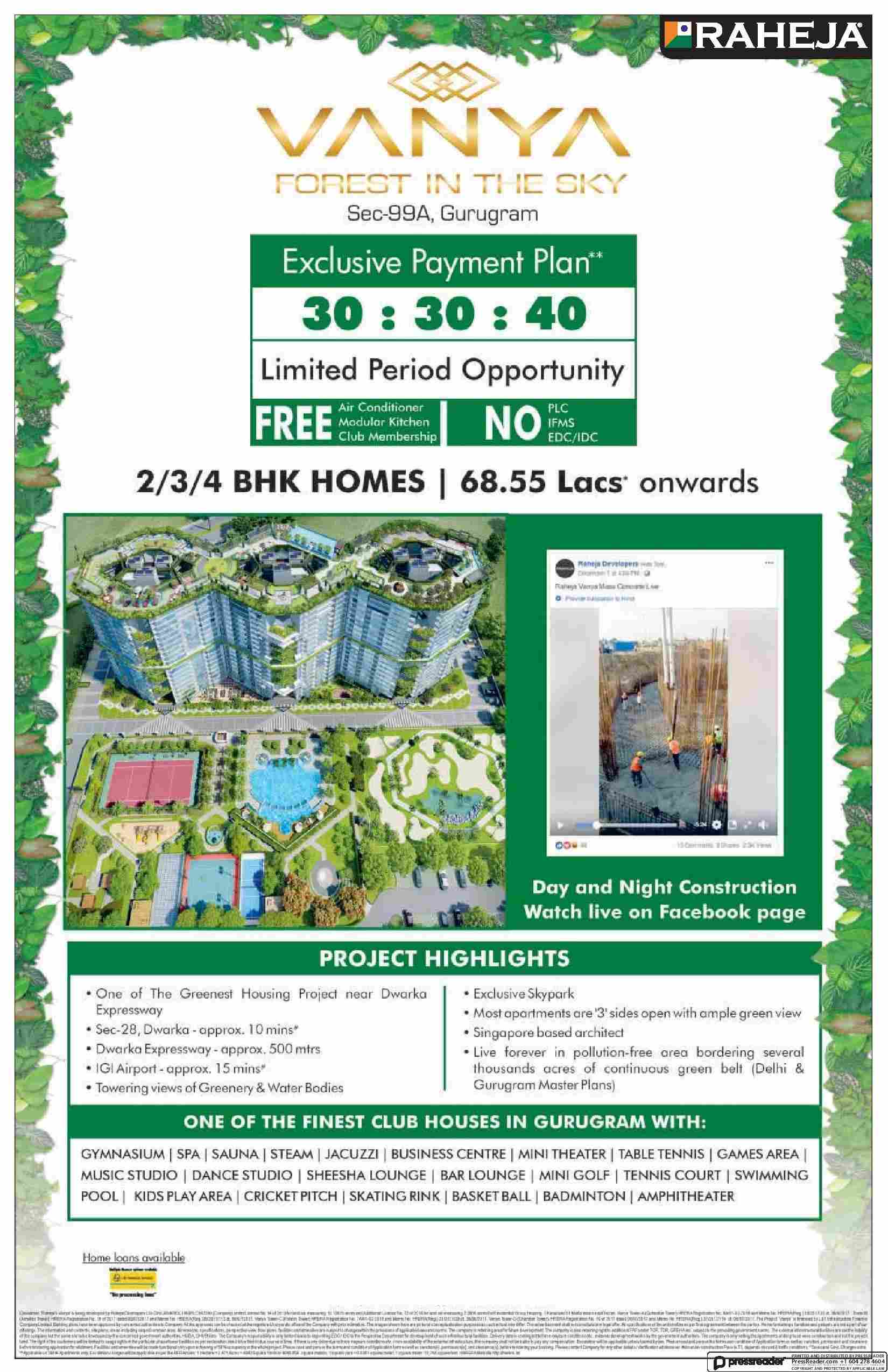 Avail exclusive 30:30:40 payment plan at Raheja Vanya in Sector 99A, Gurgaon Update